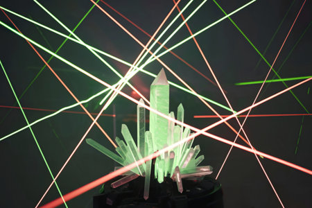 a vibrant and dynamic scene dominated by green and red laser beams