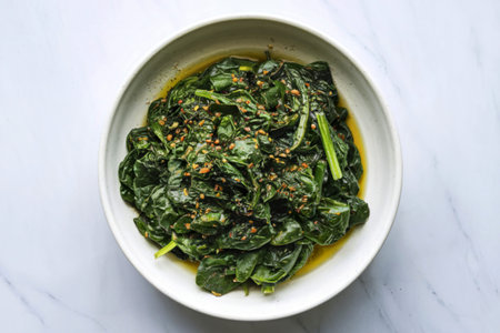 cooked spinach in a white bowl.