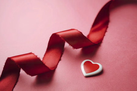 A photo of a vibrant pink background with a bold, wavy red ribbonの写真素材