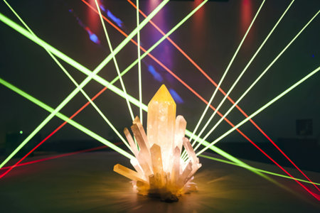 A photo of a vibrant and dynamic scene dominated by green and red laser beamsの写真素材