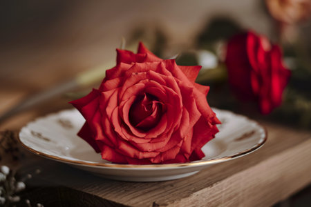 a close-up shot of a vibrant red rose resting on a white plateの写真素材