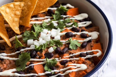 a Mexican-style dip served in a white ceramic bowl