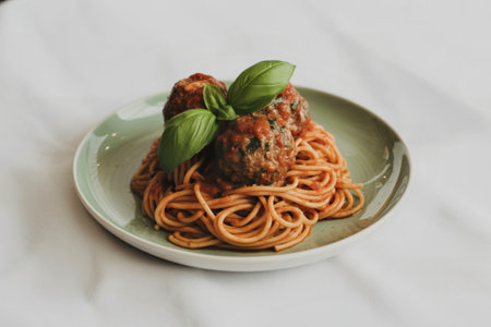 a generous portion of spaghetti with plump beef meatballsの写真素材