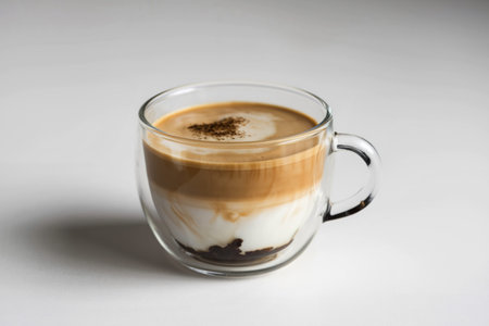 A photo of a glass cup with a white coffee with milkの写真素材