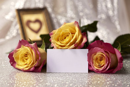 a romantic setting with three vibrant yellow rosesの写真素材