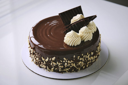 A photograph of a single, decadent slice of chocolate cake