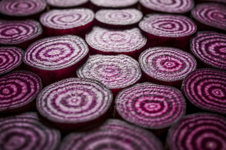 thinly sliced red beetsの写真素材
