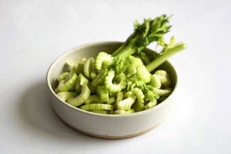 freshly chopped celery slicesの写真素材