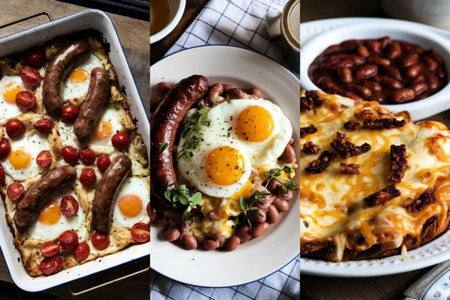 a collage of three distinct breakfast dishes.の写真素材