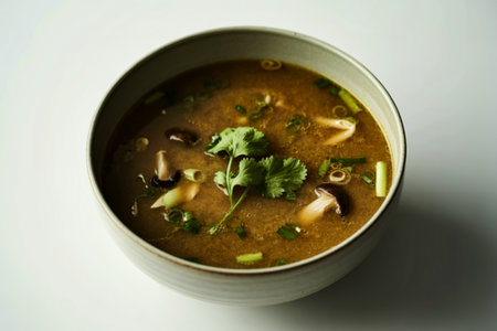 A photograph of a steaming bowl of vibrant Asian soupの写真素材