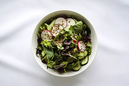 A photo of a vibrant salad in a white bowl