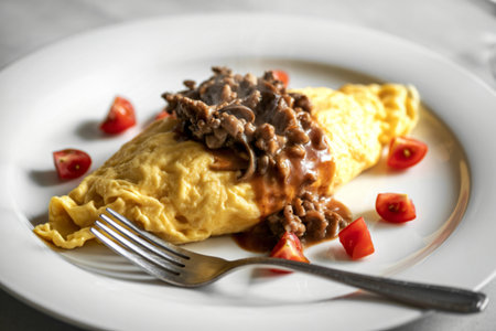 a fluffy omelet filled with savory cooked meatの写真素材