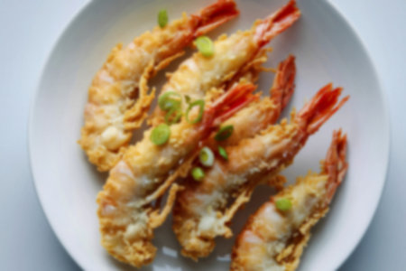 A photo of fried prawn on a white plateの写真素材
