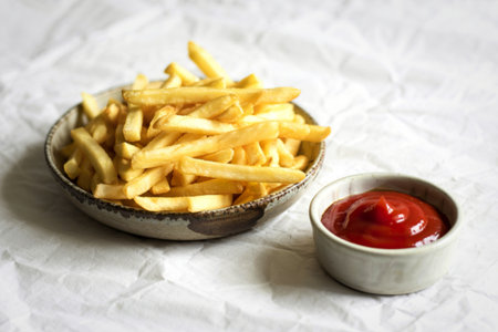 A photograph of a generous portion of golden-brown, crispy french friesの写真素材