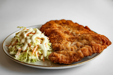 A photograph of a perfectly fried schnitzelの写真素材