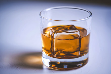A photo of a close up of a whiskey glass with an ice cubeの写真素材