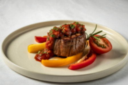 a perfectly seared filet mignon resting on a pristine white ceramic plateの写真素材