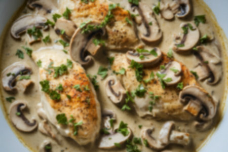 a creamy mushroom chicken dish in a plateの写真素材
