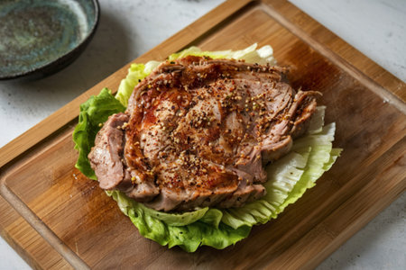 Pork steak homemade cooking with spicesの写真素材