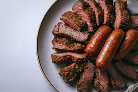 crispy sliced fried beef and meat sausagesの写真素材