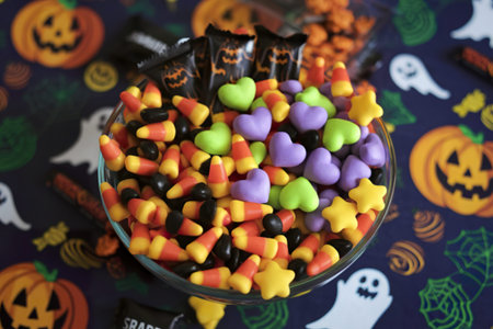 A photo of a bowl filled with assorted colorful candiesの写真素材