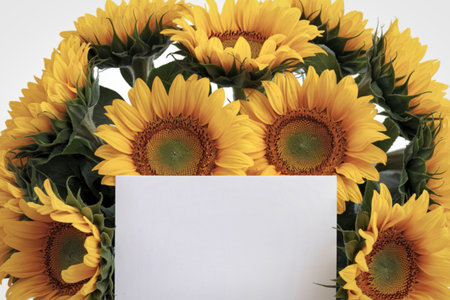 photo of a blank card placed in front of a yellow sunflowers