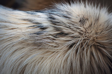 A close-up photo of a furry texture with a predominantly white fur,