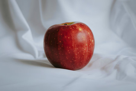 A solitary, ripe red apple rests on a soft, white fabric surface, creating a simple yet elegant still life composition.の写真素材