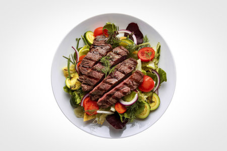 A top-down view of a delicious grilled steak served over a vibrant salad with fresh vegetables and cherry tomatoes.の写真素材