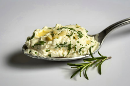 A close-up shot of a spoonful of creamy, herb-flecked spread, garnished with a sprig of fresh rosemary.の写真素材