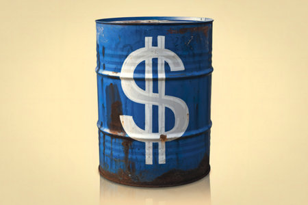 A blue metal oil drum prominently displays a large white dollar sign, symbolizing the financial value of oil.の写真素材