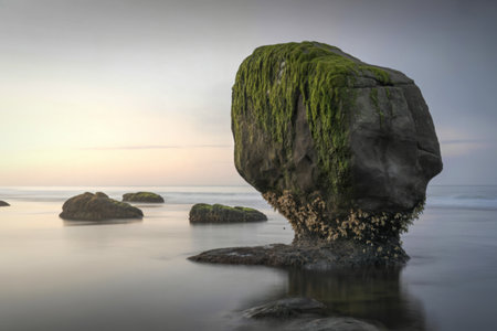 A photograph of a solitary, weathered rock formation emerging from a tranquil seaの写真素材