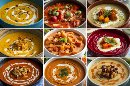 a grid layout of different bowls of soup.の写真素材