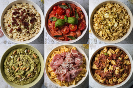 a curated collage featuring six distinct Italian pasta dishes