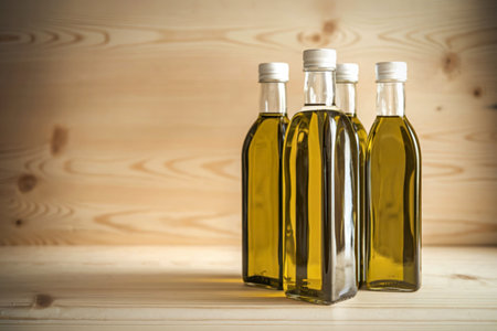 clear bottles with blank labels of olive oilの写真素材