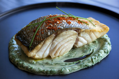 A photograph of a beautifully plated seafood dish