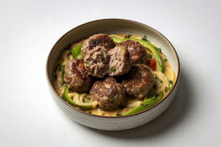 a vibrant meatball meal presented in a deep ceramic bowl