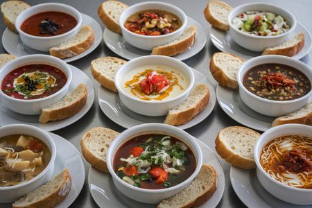 delicate porcelain bowls, each filled with a vibrant and distinct soup