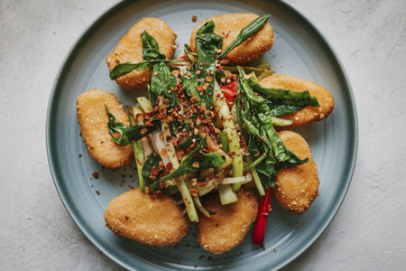 fried nuggets topped with stir-fried vegetablesの写真素材