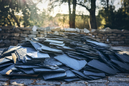 Pile of black roof tiles on the ground at a construction siteの写真素材
