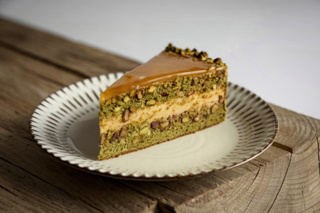 A photo of a slice of pistachio and honey cakeの写真素材