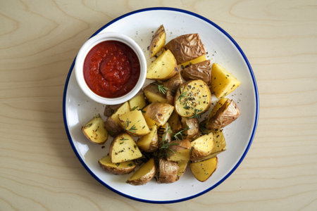 golden-brown roasted potato chunks.の写真素材