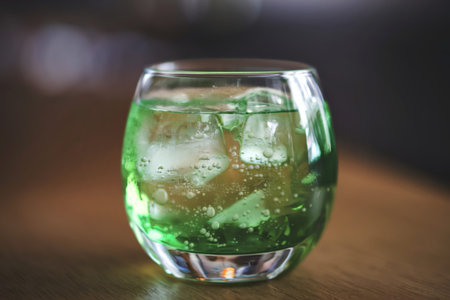 a clear glass filled with a vibrant green beverageの写真素材