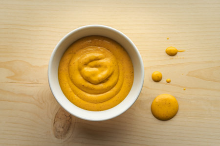 A photo of a bowl containing mustard sauceの写真素材