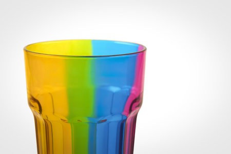 A photograph of a vibrant, colorful plastic drinking glassの写真素材