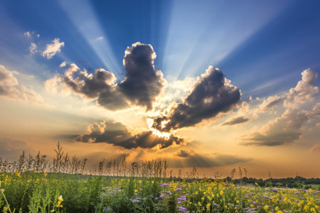 a clear blue sky with fluffy white cloudsの写真素材