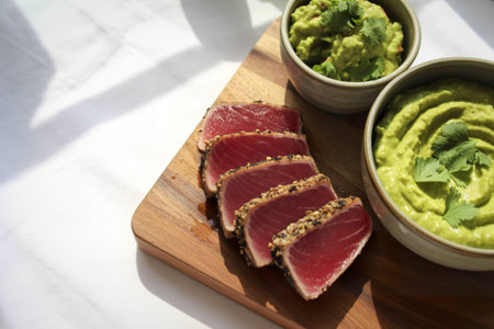 several slices of tuna steakの写真素材