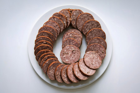 a plate with a sliced beef meat sausageの写真素材