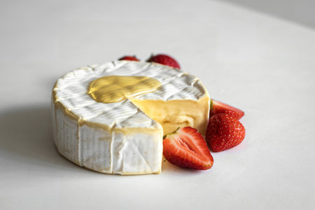 brie cheese topped with fresh strawberriesの写真素材