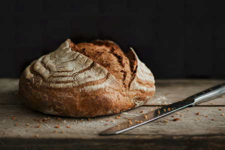 A photograph of a rustic loaf of breadの写真素材